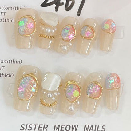 Designer: MeowMeow.Handmade Nail Designs Press on Nails DIY  Nail Art for woman girl Long Coffin pink
