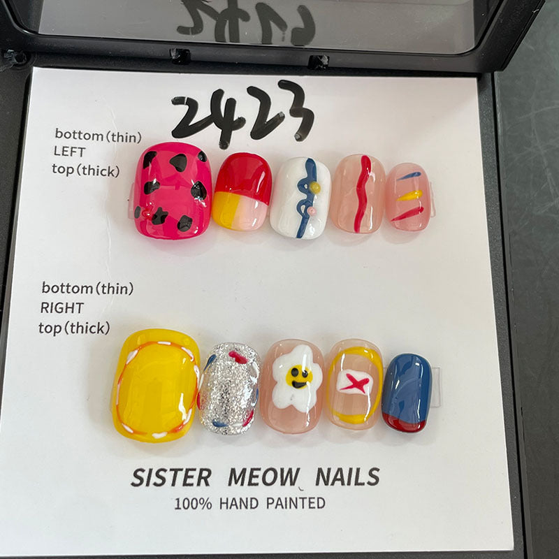 Designer: MeowMeow.Handmade Nail Designs Press on Nails DIY  Nail Art for woman girl Short Square colorful Cartoon