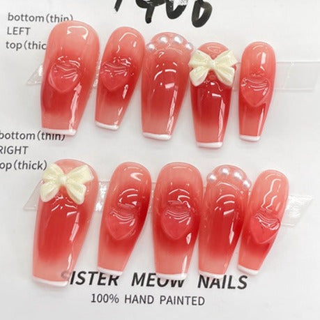 Designer: MeowMeow.Handmade Nail Designs Press on Nails DIY  Nail Art for woman girl Long Coffin pink red
