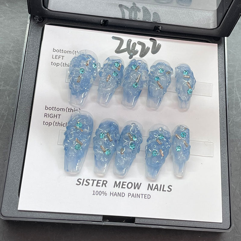 Designer: MeowMeow.Handmade Nail Designs Press on Nails DIY  Nail Art for woman girl Long Coffin blue