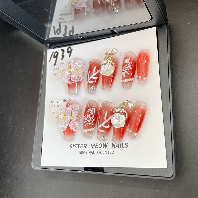 Designer: MeowMeow.Handmade Nail Designs Press on Nails DIY  Nail Art for woman girl Long Coffin red