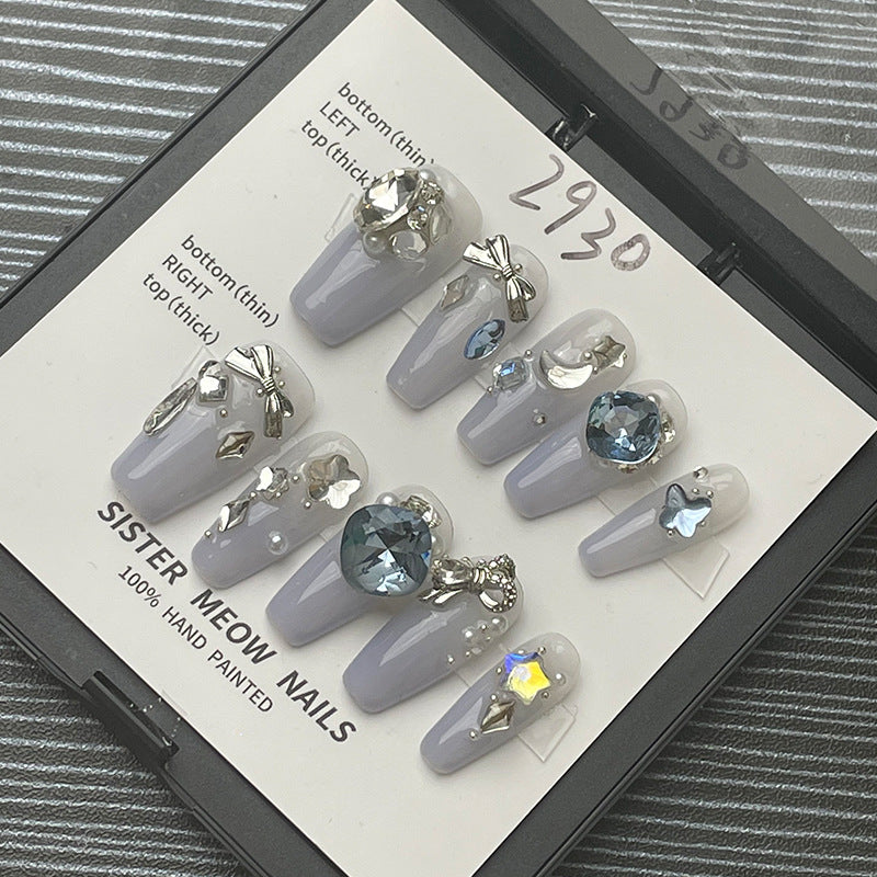 Designer: MeowMeow.Handmade Nail Designs Press on Nails DIY  Nail Art for woman girl  Long Coffin  gray rhinestone