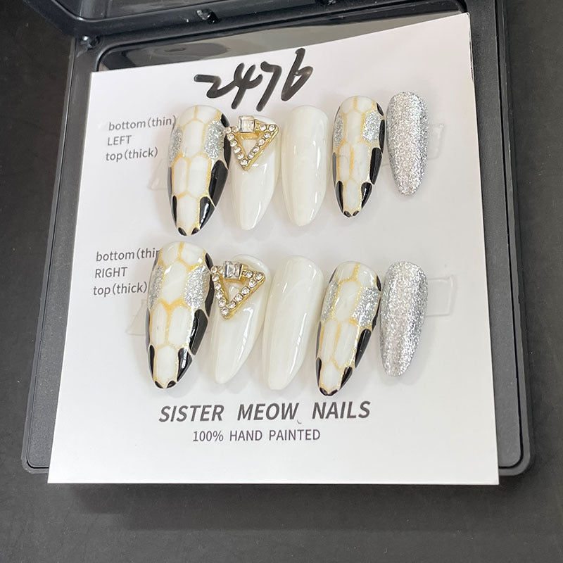 Designer: MeowMeow.Handmade Nail Designs Press on Nails DIY  Nail Art for woman girl Almond Long white