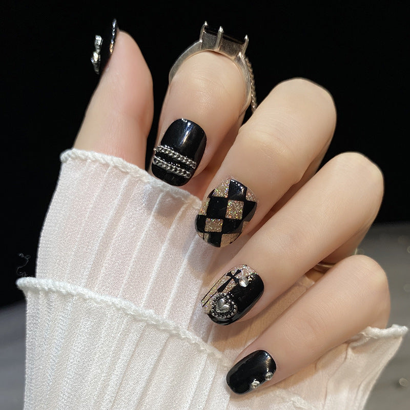 Designer: HuaHua.Handmade nails Press on Nails DIY Nail Art for woman girl Short Square black