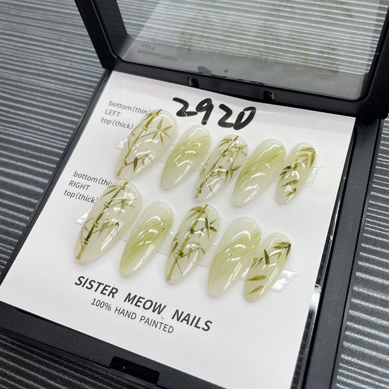 Designer: MeowMeow.Handmade Nail Designs Press on Nails DIY  Nail Art for woman girl Almond Long green