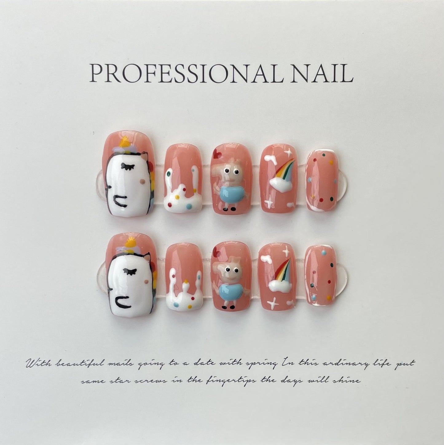 Designer: ManMan Handmade nails Press on Nails DIY Nail Art for woman girl Long Square pink Cartoon