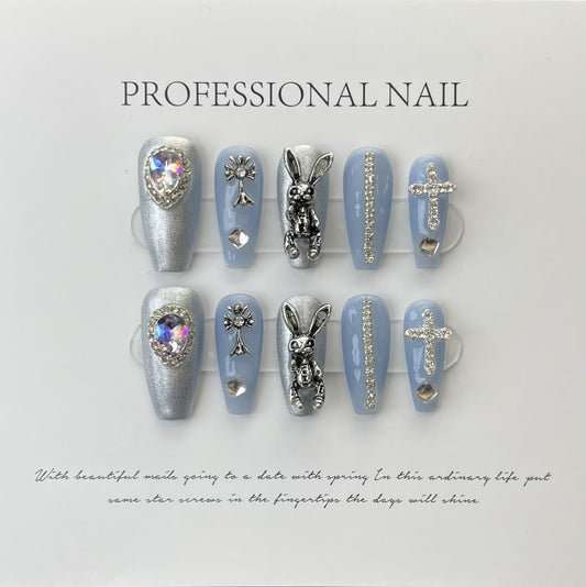 Designer: ManMan Handmade nails Press on Nails DIY Nail Art for woman girl Long Coffin blue