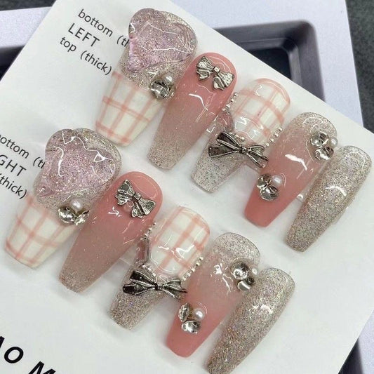 Designer: MeowMeow.Handmade Nail Designs Press on Nails DIY  Nail Art for woman girl Long Coffin pink