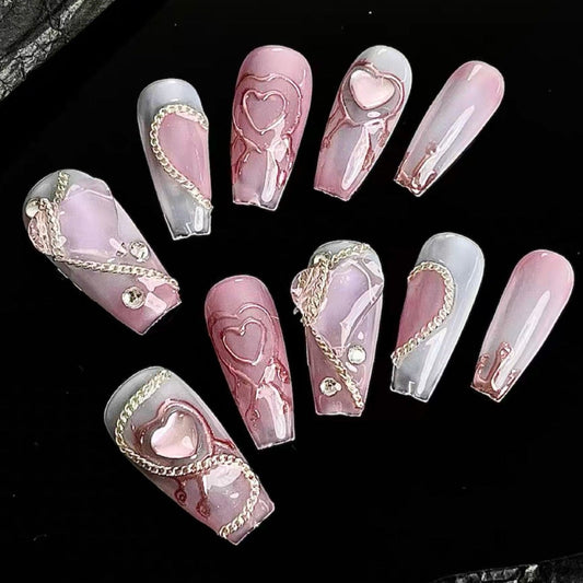 Designer: MeowMeow.2446 Handmade Nail Designs Press on Nails DIY  Nail Art for woman girl Long Coffin pink
