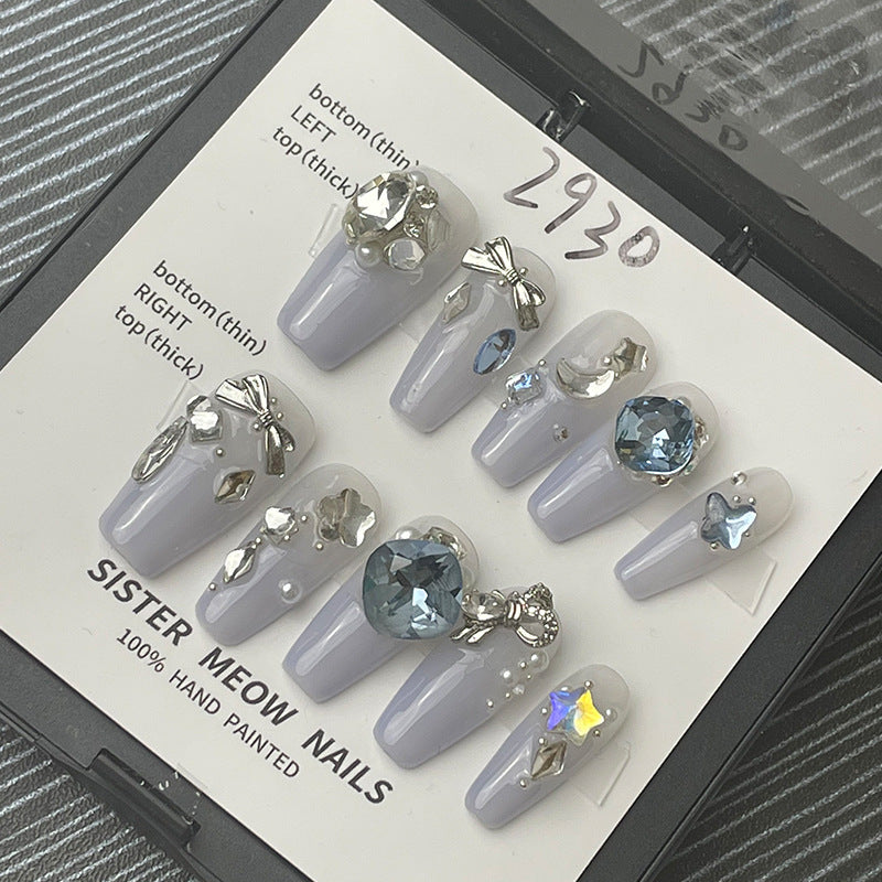 Designer: MeowMeow.Handmade Nail Designs Press on Nails DIY  Nail Art for woman girl  Long Coffin  gray rhinestone