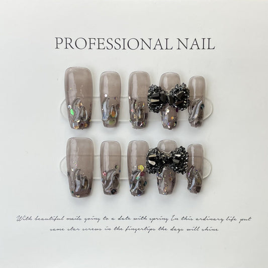 Designer: ManMan Handmade nails Press on Nails DIY Nail Art for woman girl Long Coffin gray