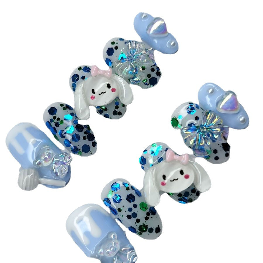 Designer: MeowMeow.Handmade Nail Designs Press on Nails DIY  Nail Art for woman girl Almond Long Cartoon blue