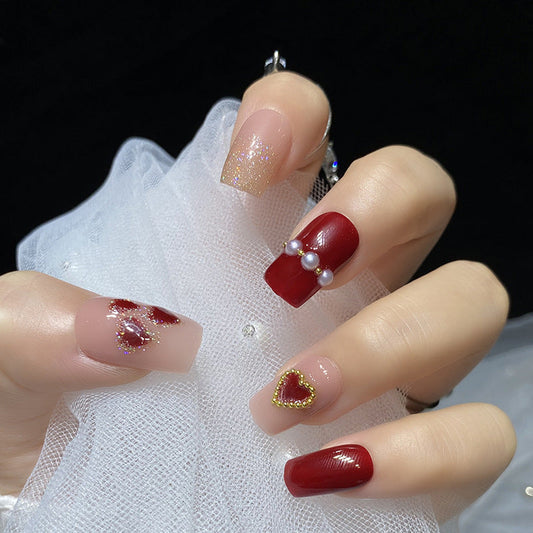 Designer: HuaHua.Handmade nails Press on Nails DIY Nail Art for woman girl Long Square pink red