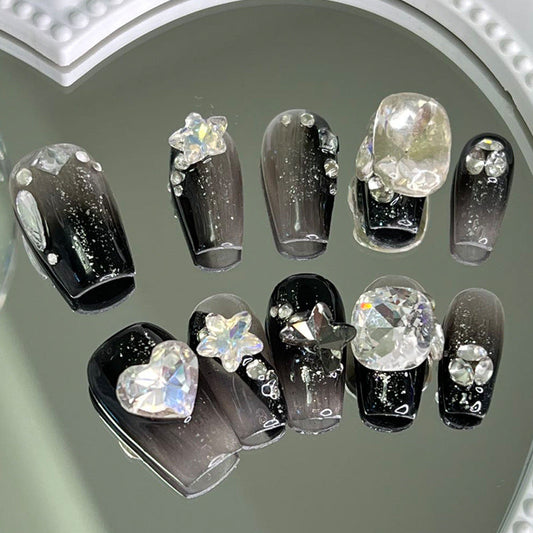 Designer: MeowMeow.Handmade Nail Designs Press on Nails DIY  Nail Art for woman girl Long Coffin black  rhinestone