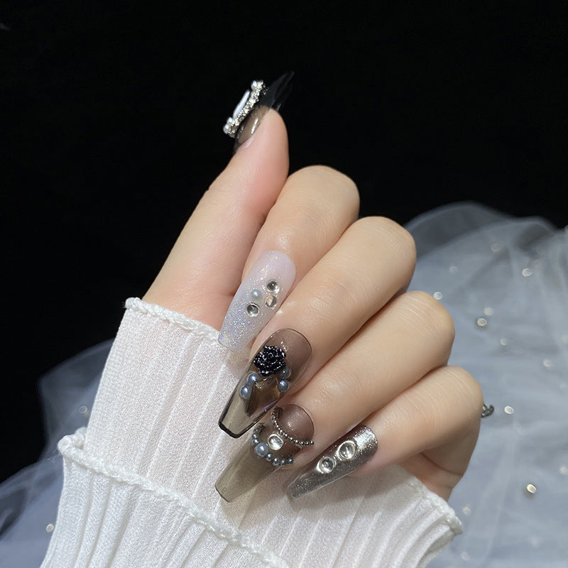 Designer: HuaHua.Handmade nails Press on Nails DIY Nail Art for woman girl Long Coffin gray