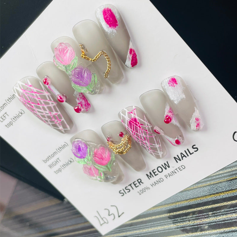 Designer: MeowMeow.Handmade Nail Designs Press on Nails DIY  Nail Art for woman girl Long Coffin pink gray