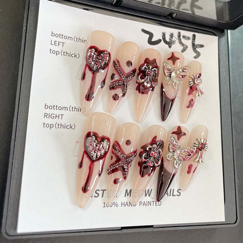 Designer: MeowMeow.Handmade Nail Designs Press on Nails DIY  Nail Art for woman girl Almond Long red