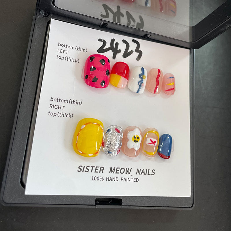 Designer: MeowMeow.Handmade Nail Designs Press on Nails DIY  Nail Art for woman girl Short Square colorful Cartoon