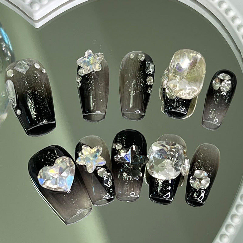 Designer: MeowMeow.Handmade Nail Designs Press on Nails DIY  Nail Art for woman girl Long Coffin black  rhinestone