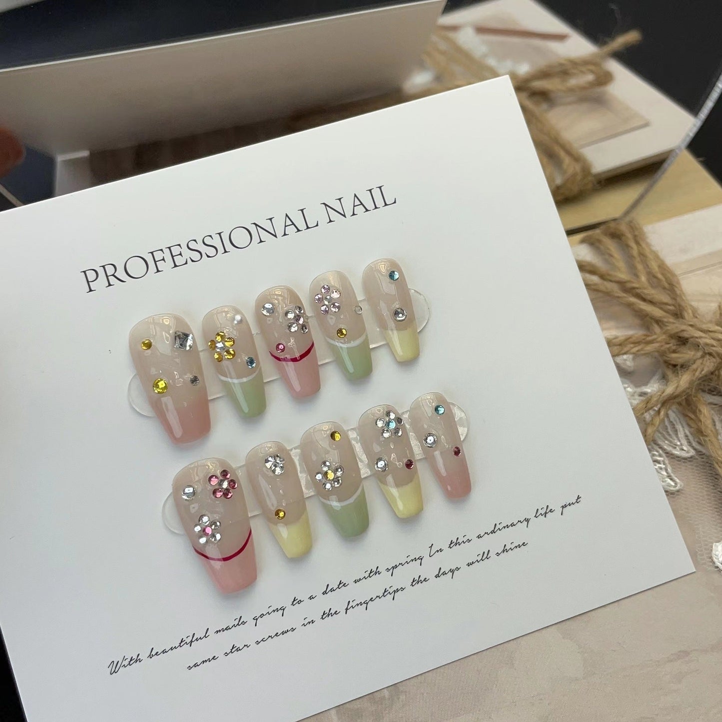 Designer: ManMan Handmade nails Press on Nails DIY Nail Art for woman girl Long Coffin pink colorful