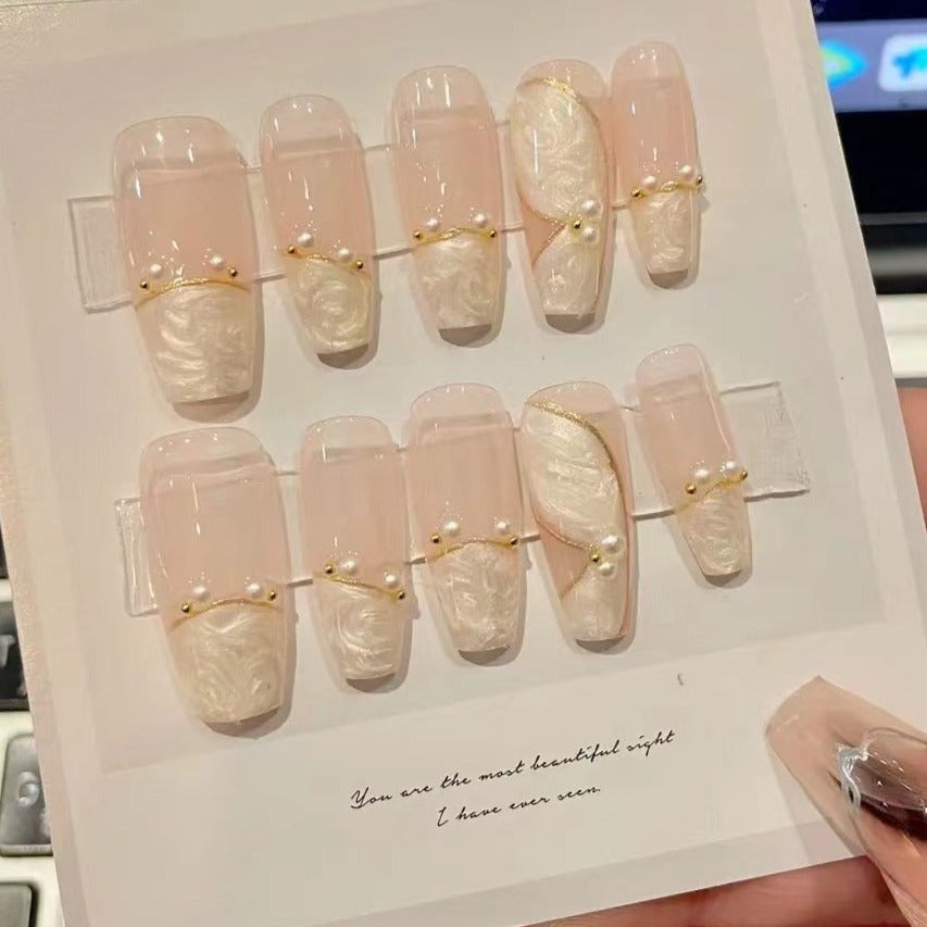 Designer: ManMan Handmade nails Press on Nails DIY Nail Art for woman girl Long Coffin pink