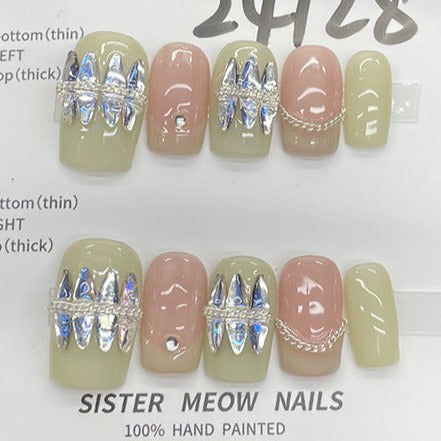 Designer: MeowMeow.Handmade Nail Designs Press on Nails DIY  Nail Art for woman girl Long Square rhinestone