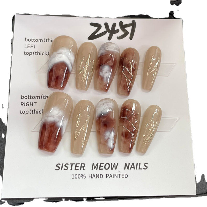 Designer: MeowMeow.Handmade Nail Designs Press on Nails DIY  Nail Art for woman girl Long Coffin brown
