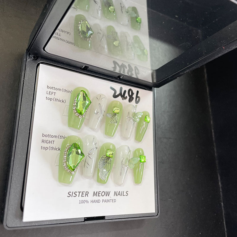 Designer: MeowMeow.Handmade Nail Designs Press on Nails DIY  Nail Art for woman girl Long Coffin green