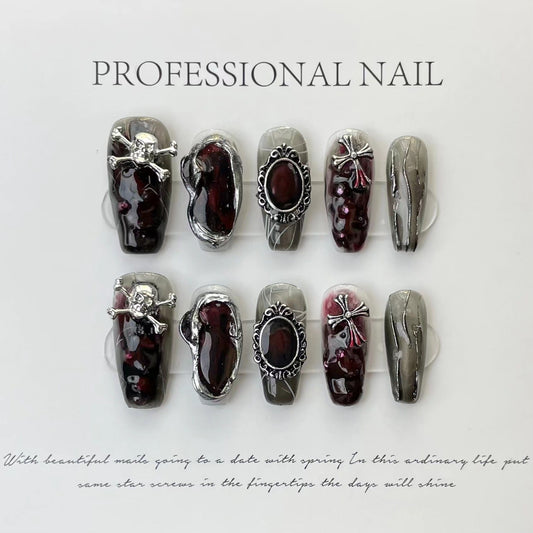 Designer: ManMan Handmade nails Press on Nails DIY Nail Art for woman girl Long Coffin Metal