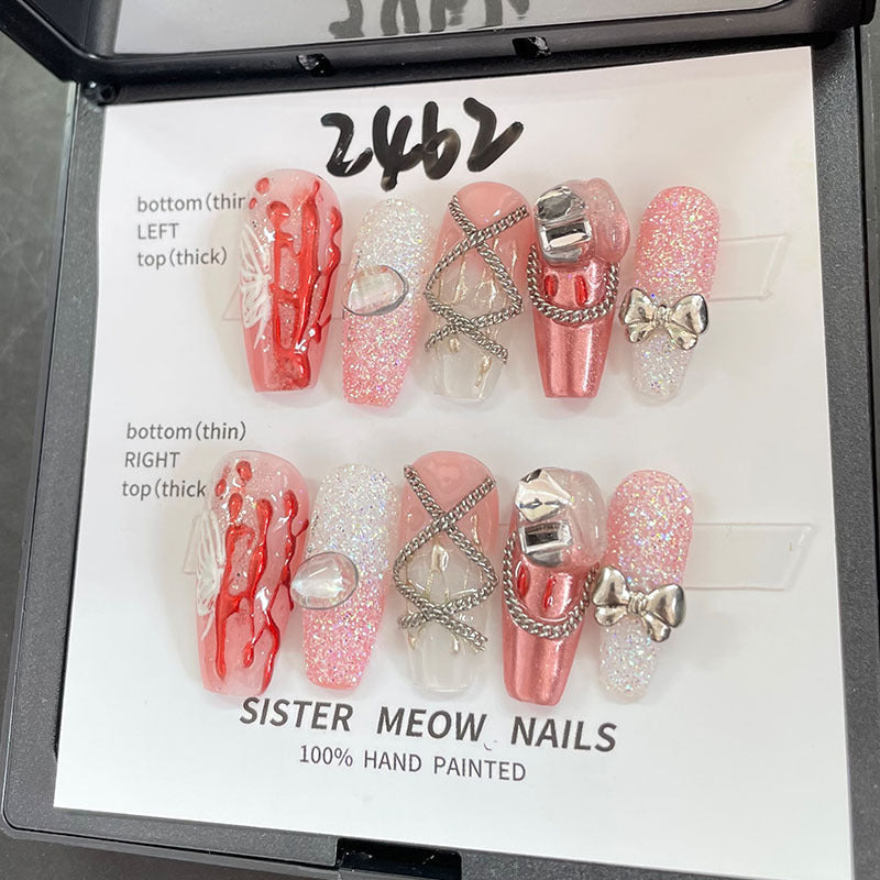 Designer: MeowMeow.Handmade Nail Designs Press on Nails DIY  Nail Art for woman girl Long Coffin pink