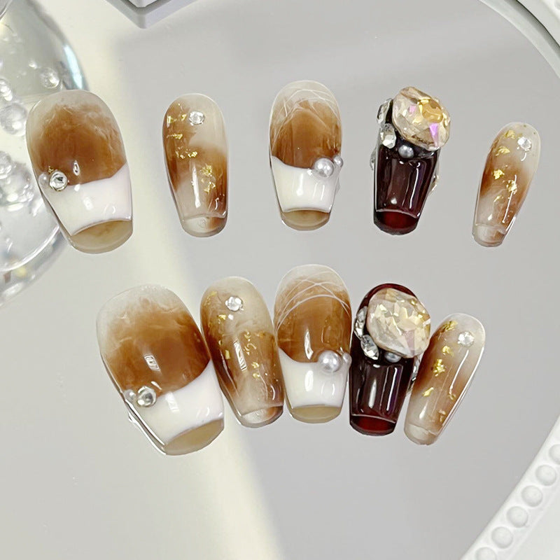 Designer: MeowMeow.Handmade Nail Designs Press on Nails DIY  Nail Art for woman girl Long Coffin brown