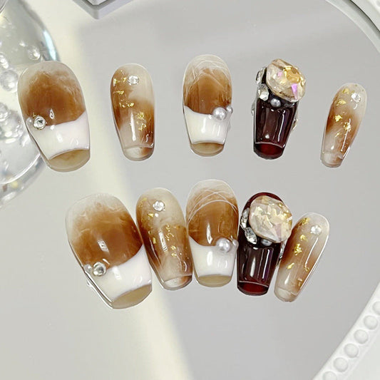 Designer: MeowMeow.Handmade Nail Designs Press on Nails DIY  Nail Art for woman girl Long Coffin brown