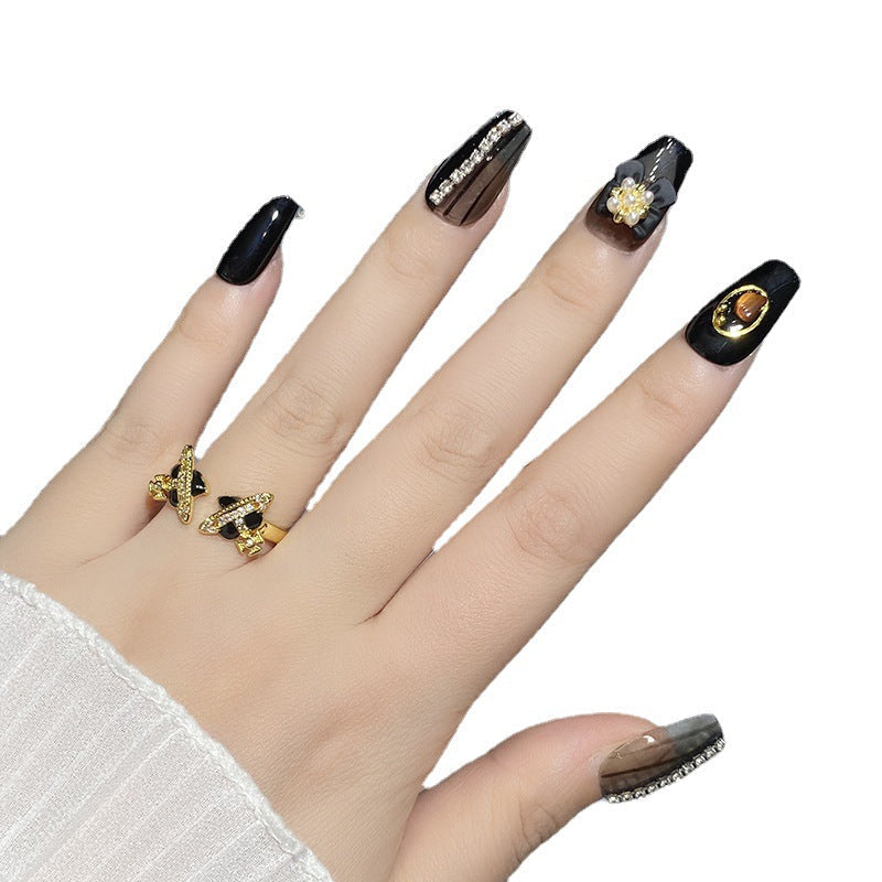 Designer: HuaHua.Handmade nails Press on Nails DIY Nail Art for woman girl Long Coffin black