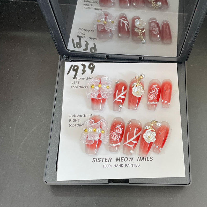 Designer: MeowMeow.Handmade Nail Designs Press on Nails DIY  Nail Art for woman girl Long Coffin red