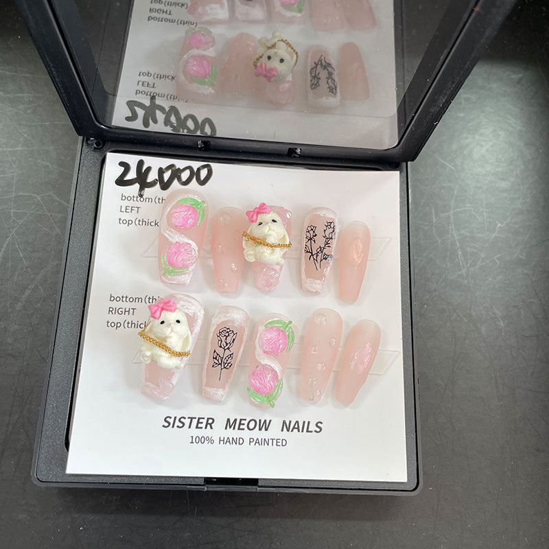 Designer: MeowMeow.Handmade Nail Designs Press on Nails DIY  Nail Art for woman girl Long Coffin pink Cartoon