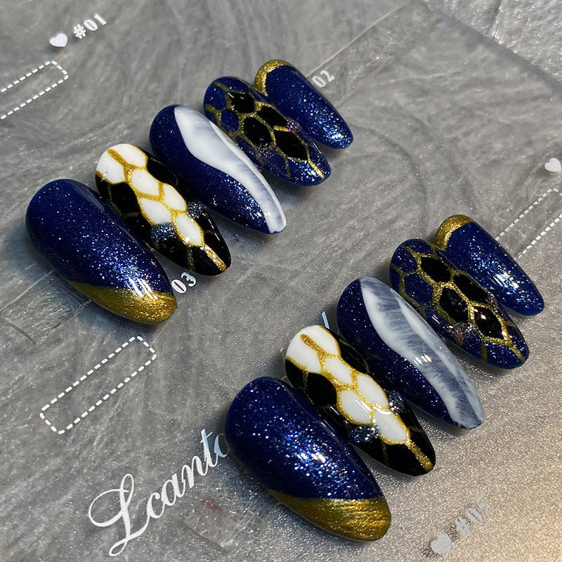 Designer: HuaHua.Handmade nails Press on Nails DIY Nail Art for woman girl Almond Long blue
