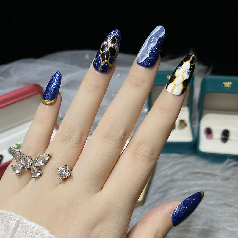 Designer: HuaHua.Handmade nails Press on Nails DIY Nail Art for woman girl Almond Long blue