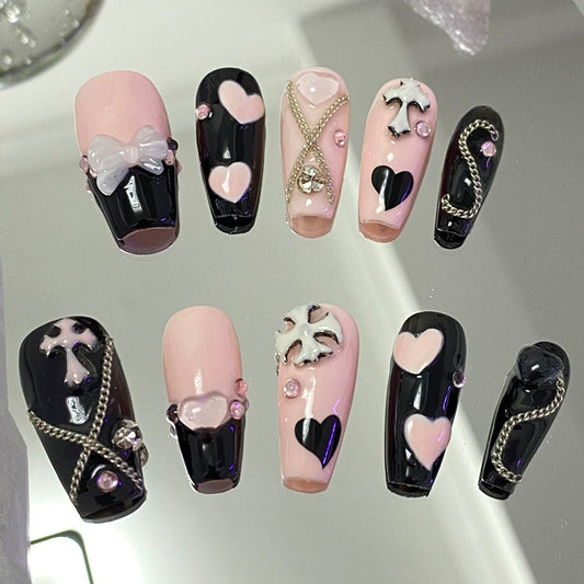 Designer: MeowMeow.Handmade Nail Designs Press on Nails DIY  Nail Art for woman girl Long Coffin pink black