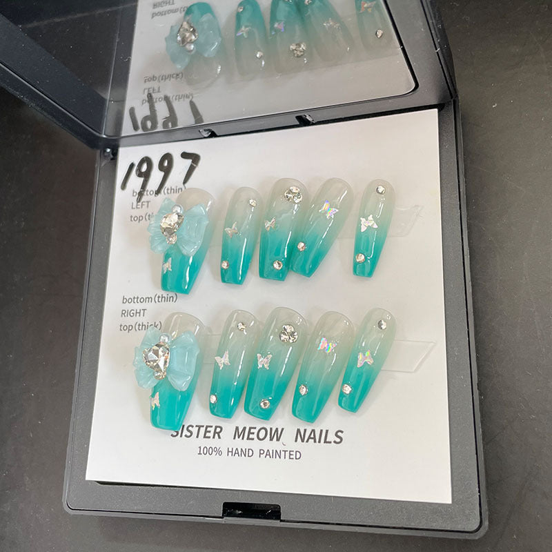 Designer: MeowMeow.Handmade Nail Designs Press on Nails DIY  Nail Art for woman girl Long Coffin blue green