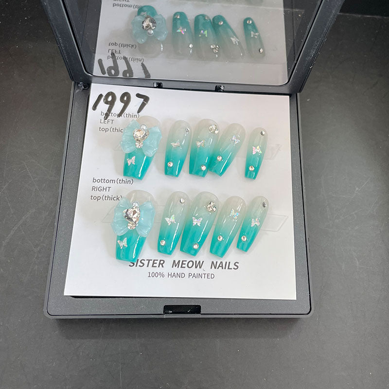 Designer: MeowMeow.Handmade Nail Designs Press on Nails DIY  Nail Art for woman girl Long Coffin blue green