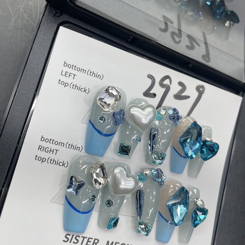 Designer: MeowMeow.Handmade Nail Designs Press on Nails DIY  Nail Art for woman girl Long Coffin blue rhinestone