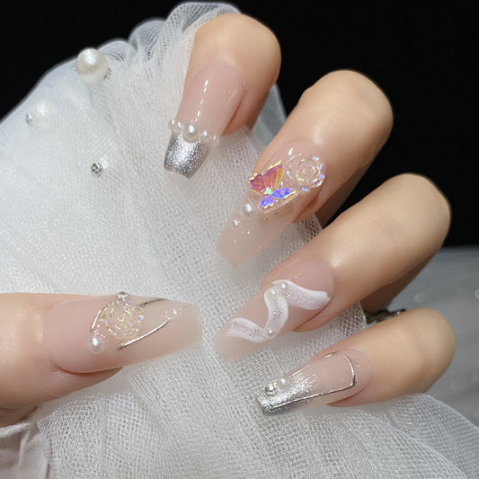 Designer: HuaHua.Handmade nails Press on Nails DIY Nail Art for woman girl Long Coffin pink
