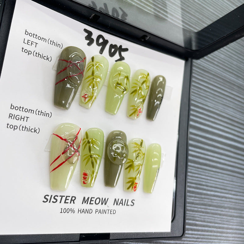 Designer: MeowMeow.Handmade Nail Designs Press on Nails DIY  Nail Art for woman girl Long Coffin green