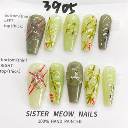 Designer: MeowMeow.Handmade Nail Designs Press on Nails DIY  Nail Art for woman girl Long Coffin green