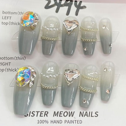 Designer: MeowMeow.Handmade Nail Designs Press on Nails DIY  Nail Art for woman girl Long Coffin blue rhinestone