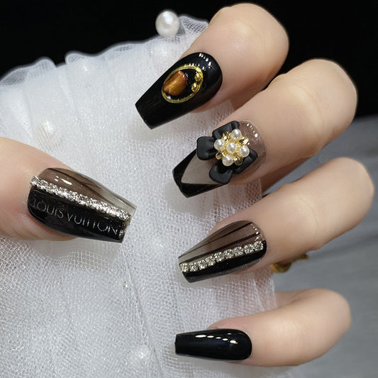 Designer: HuaHua.Handmade nails Press on Nails DIY Nail Art for woman girl Long Coffin black