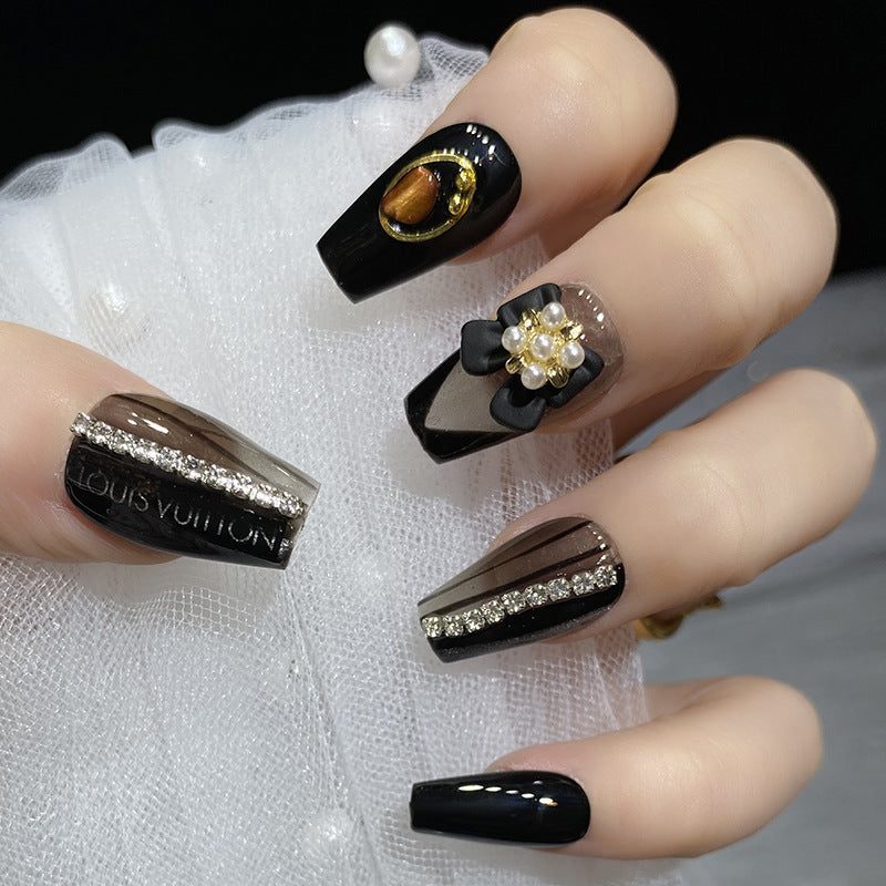 Designer: HuaHua.Handmade nails Press on Nails DIY Nail Art for woman girl Long Coffin black