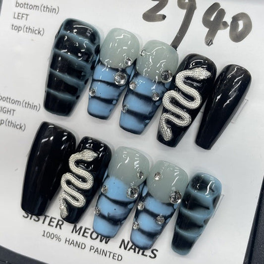 Designer: MeowMeow.Handmade Nail Designs Press on Nails DIY  Nail Art for woman girl Long Coffin black