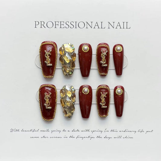 Designer: ManMan Handmade nails Press on Nails DIY Nail Art for woman girl Long Coffin red
