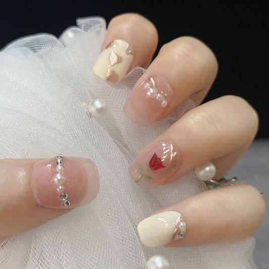 Designer: HuaHua.Handmade nails Press on Nails DIY Nail Art for woman girl Short Square pink